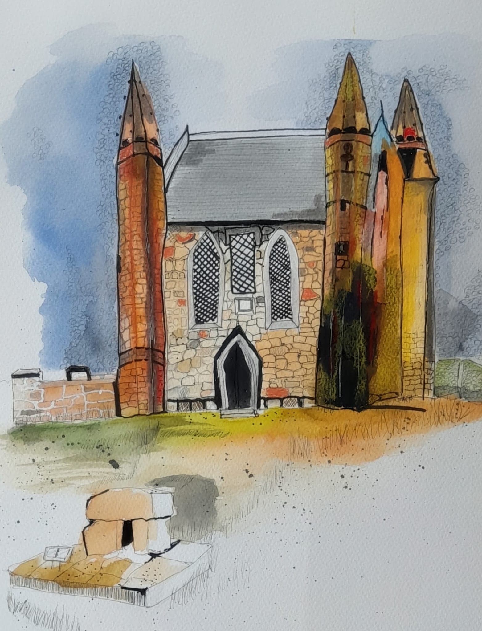 Watercolour of an old stone church with three tall spires under a stormy sky